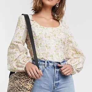 ASOS DESIGN corset top with puff sleeves and floral print
